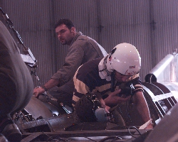 A Spey engine is fitted while Andy Green tests the radios