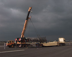 ThrustSSC is craned onto its trailer