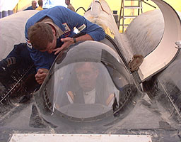 Craig Breedlove checks out ThrustSSC's cockpit
