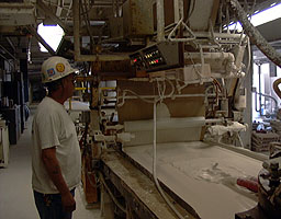 The stucco and additives are poured onto the paper for the plasterboard