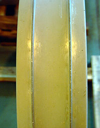 One of ThrustSSC's 'Jordan2' rear wheels after use on the Jafr Desert